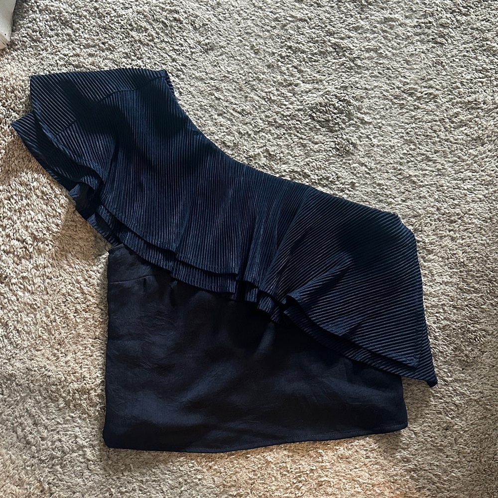 Capulet Navy One-Shoulder Pleated Ruffle Top